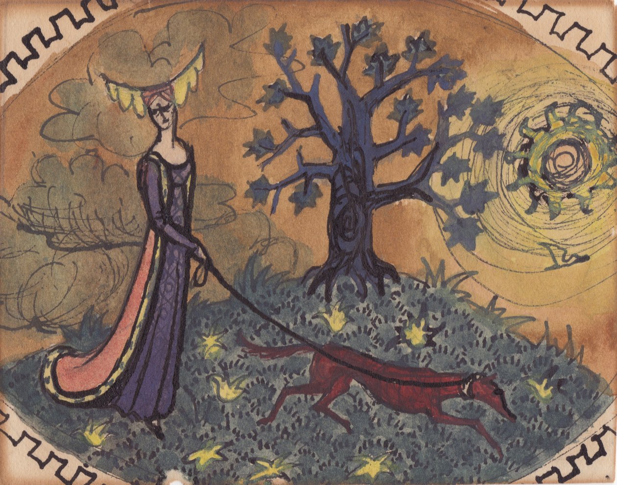 Dame médiévale et chien, vers 1950 - Shirley Markham