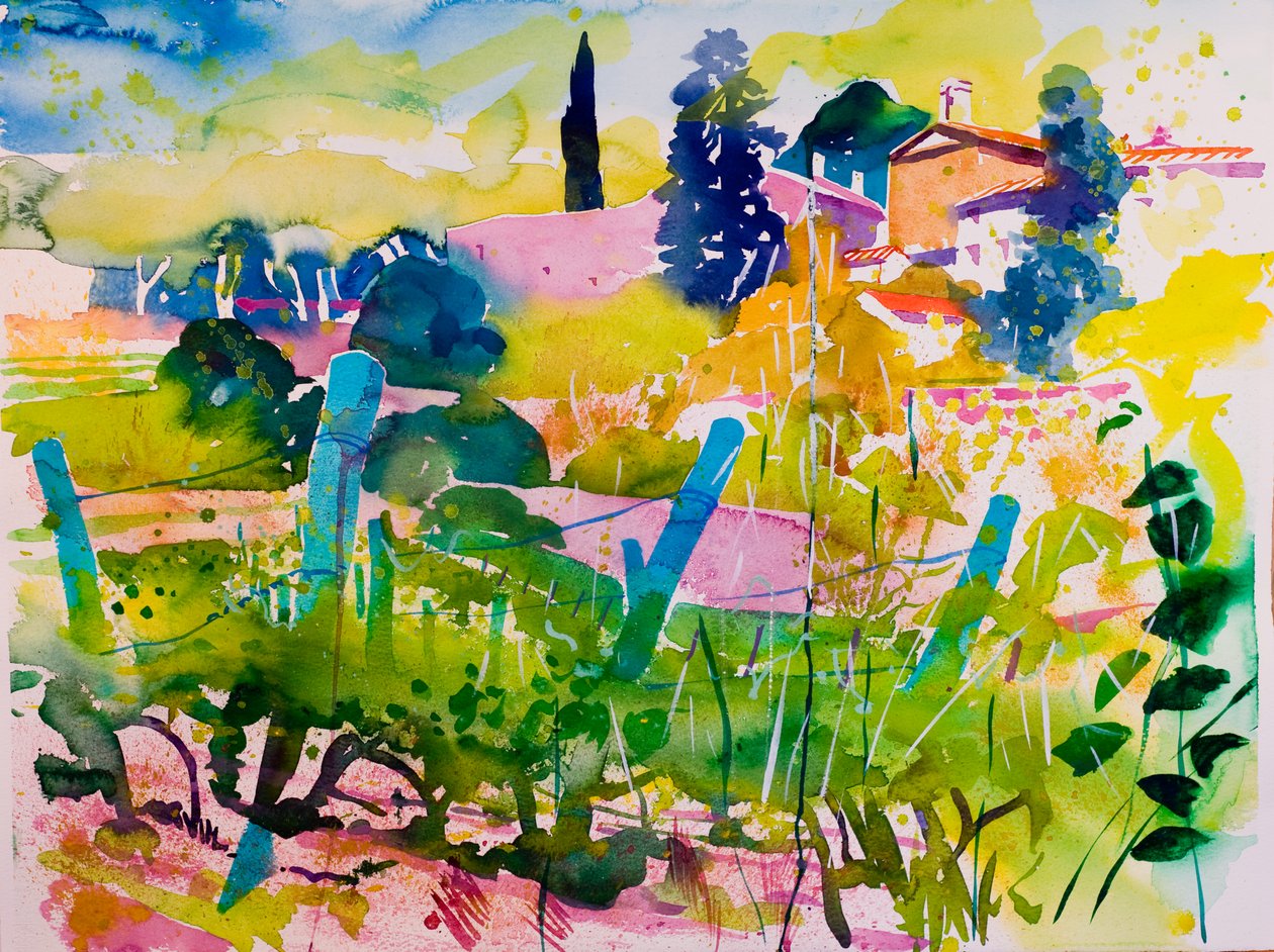 Un temple et des vignes (aquarelle sur papier) - Simon Fletcher