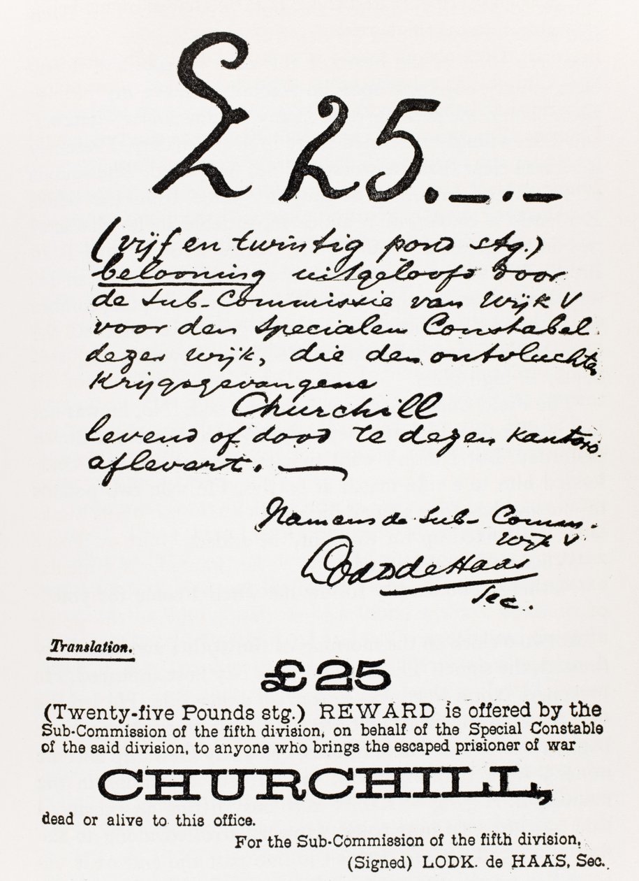 Avis de recherche pour le prisonnier de guerre évadé Churchill, de 
