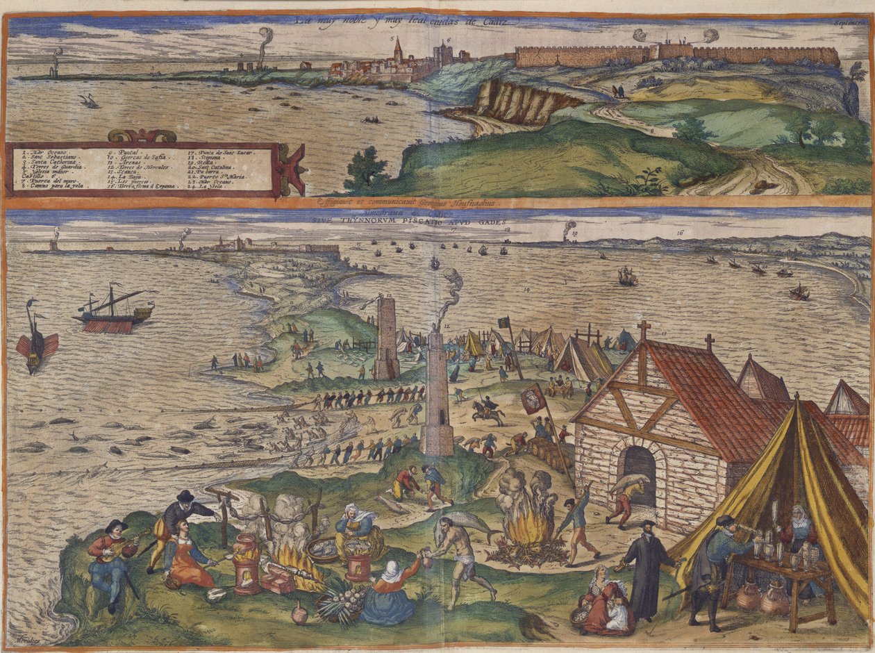 Vues de Cadix (gravure colorée à la main) - Spanish School