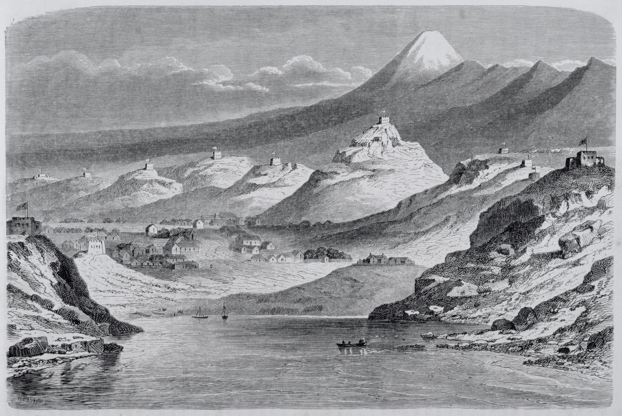 Vue de New Plymouth et du Mont Egmont, illustration de The Return to the World, 1865 - Spanish School