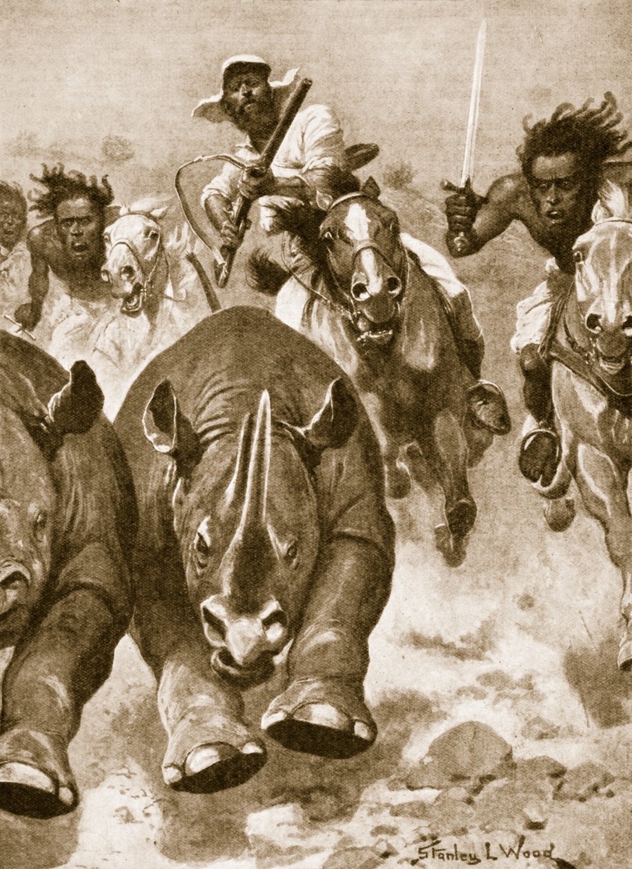 Sir Samuel Baker en pleine poursuite de rhinocéros en Afrique - Stanley L. Wood