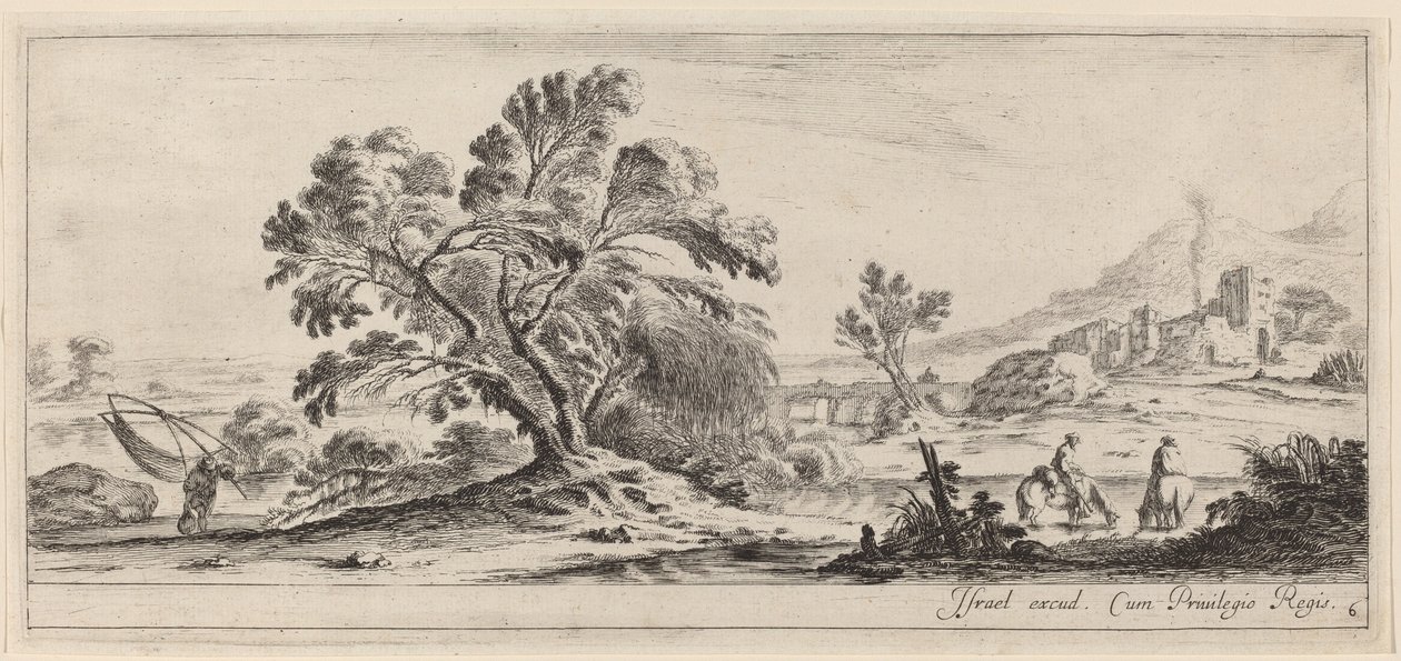 Paysage avec pêcheur portant son filet - Stefano della Bella