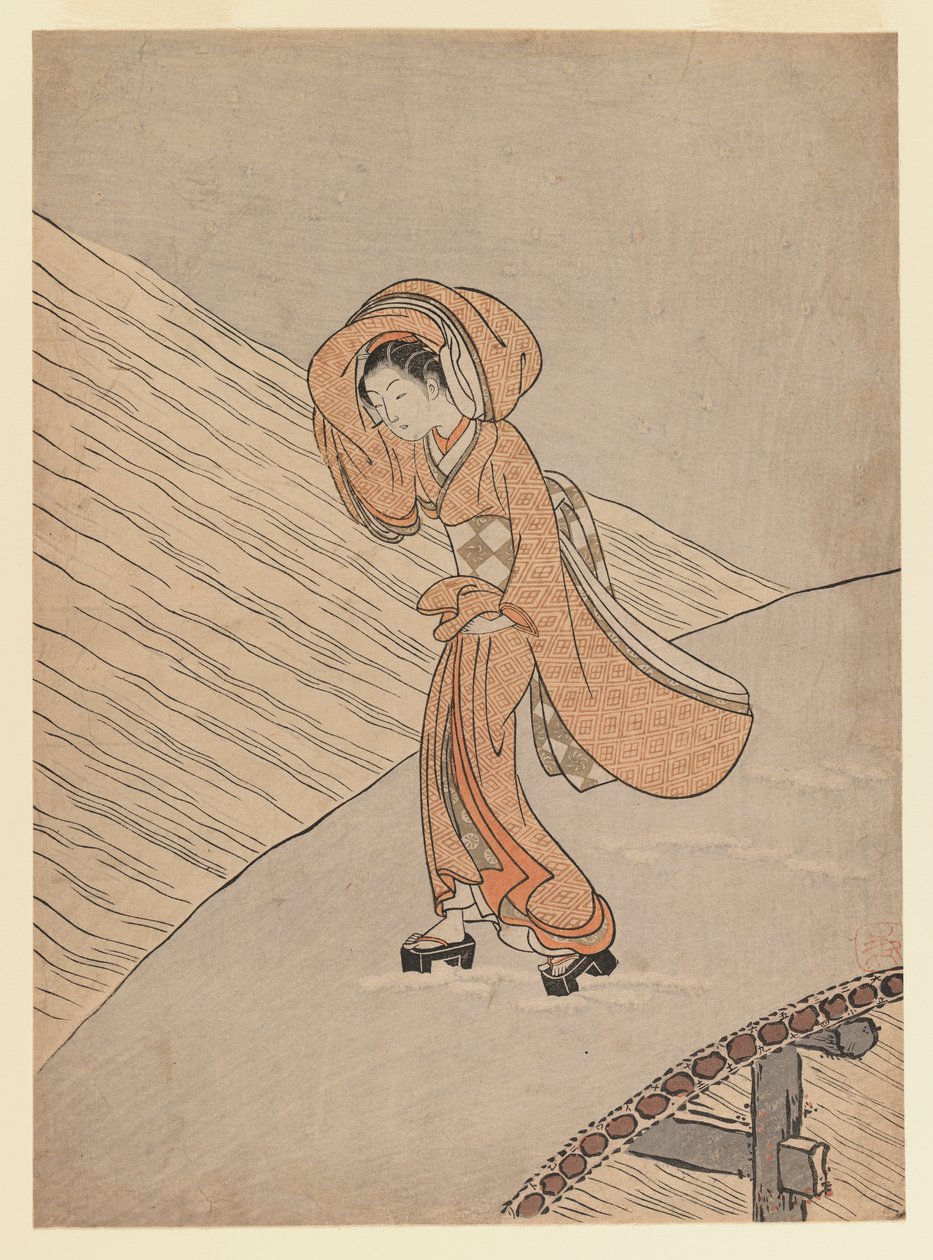 Jeune fille traversant un pont après la neige : année calendaire de la deuxième année de Meiwa, 1765 - Suzuki Harunobu