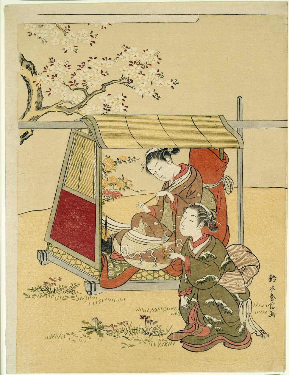 Repos dans un palanquin sous les cerisiers en fleurs - Suzuki Harunobu