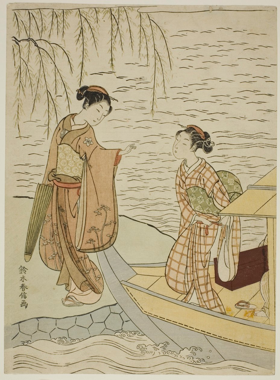 Deux filles quittant un bateau - Suzuki Harunobu