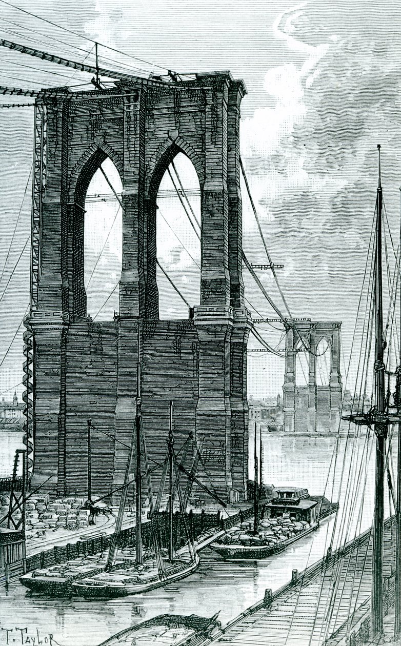 Pont de Brooklyn en construction, dessiné d