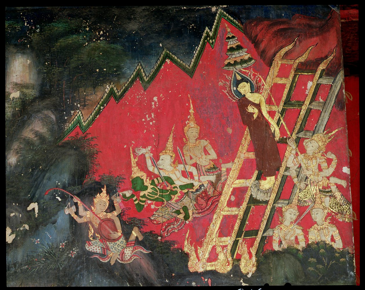 Bouddha descendant du ciel (peinture murale) - Thai School