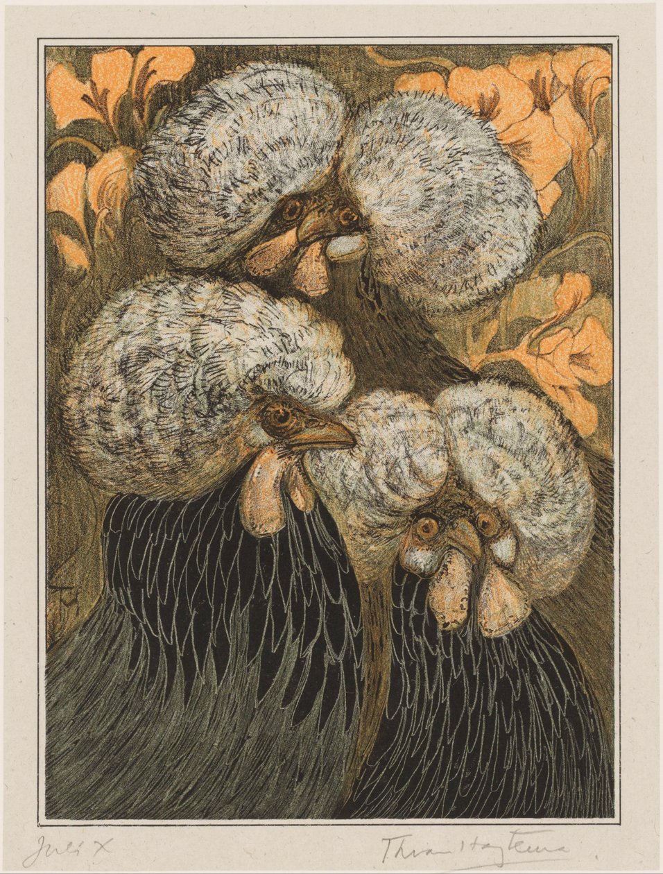 Trois poules huppées - Theo van Hoytema (signed by artist)