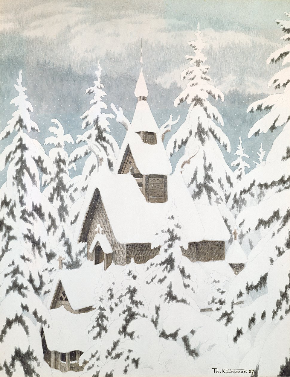 Église sous la neige - Theodor Kittelsen