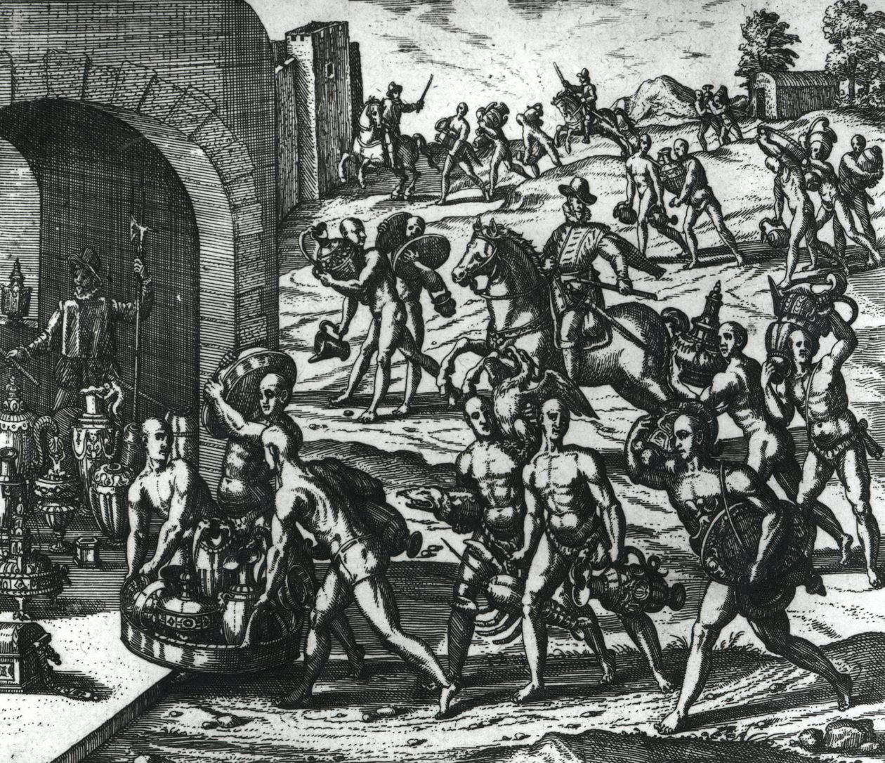 Indiens apportant des vases et des objets en or à Balboa - Theodore de Bry