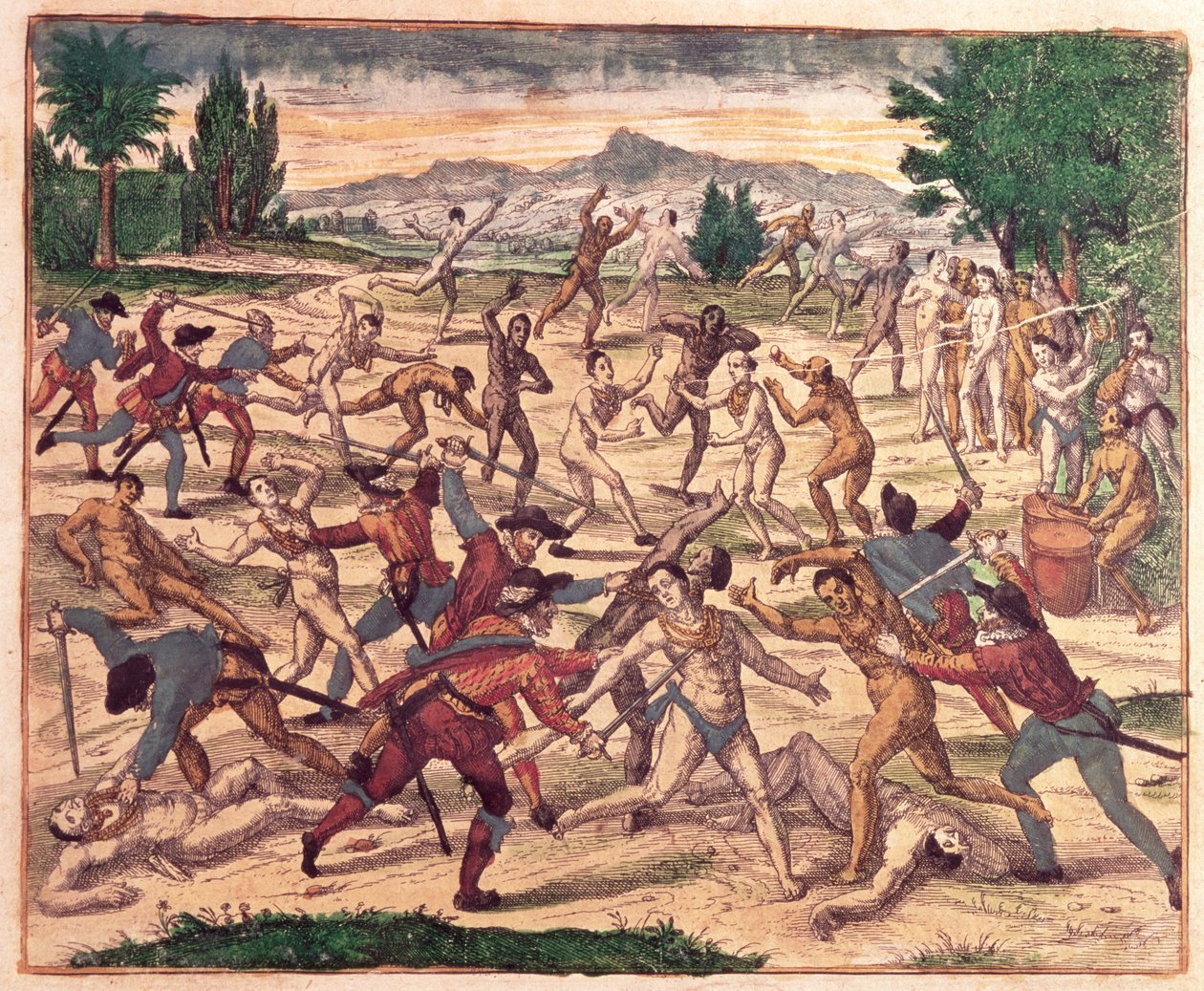 Pedro de Alvarado et ses soldats massacrant les Aztèques, vers 1520 - Theodore de Bry