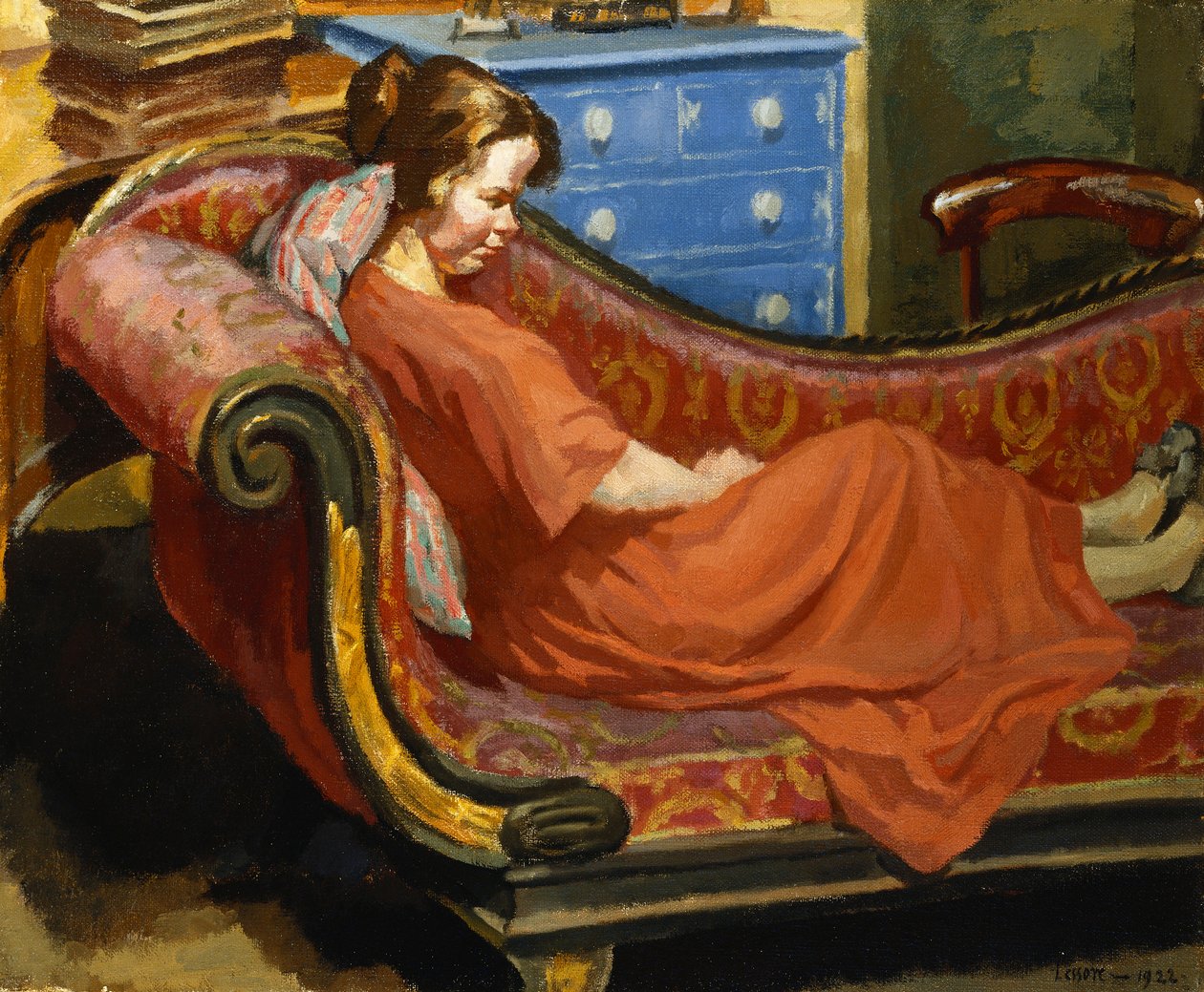 Fille reposant sur une chaise longue - Therese Lessore