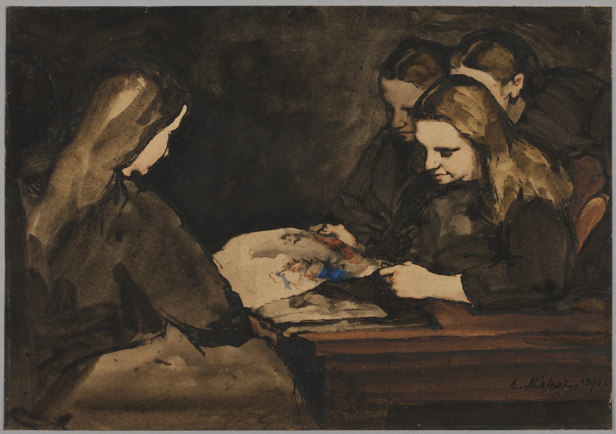 Quatre filles étudiant un dessin - Auguste Theodule Ribot