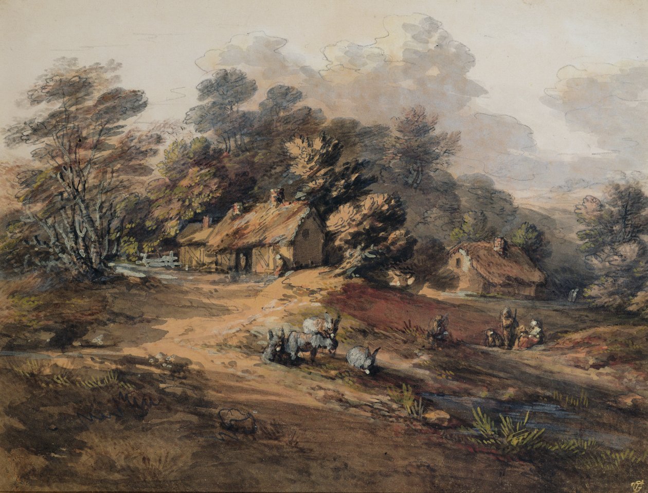 Paysans et ânes près de cottages au bord d