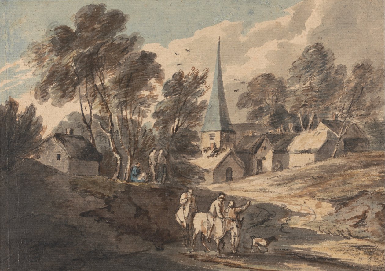 Voyageurs à cheval approchant un village avec un clocher - Thomas Gainsborough