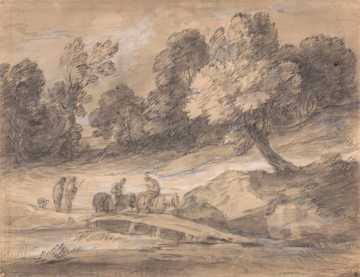 Paysage boisé avec figures à cheval traversant un pont - Thomas Gainsborough