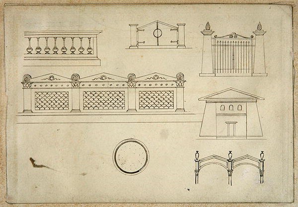 Conceptions pour des portes, des murs et des balustrades, de Vingt et un dessins à la plume de détails décoratifs dans le style antique - Thomas Hope