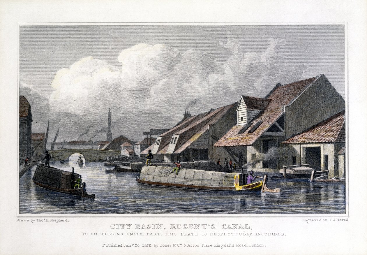 City Basin, canal des Régents, gravé par F.J. Havell, 1827 - Thomas Hosmer after Shepherd