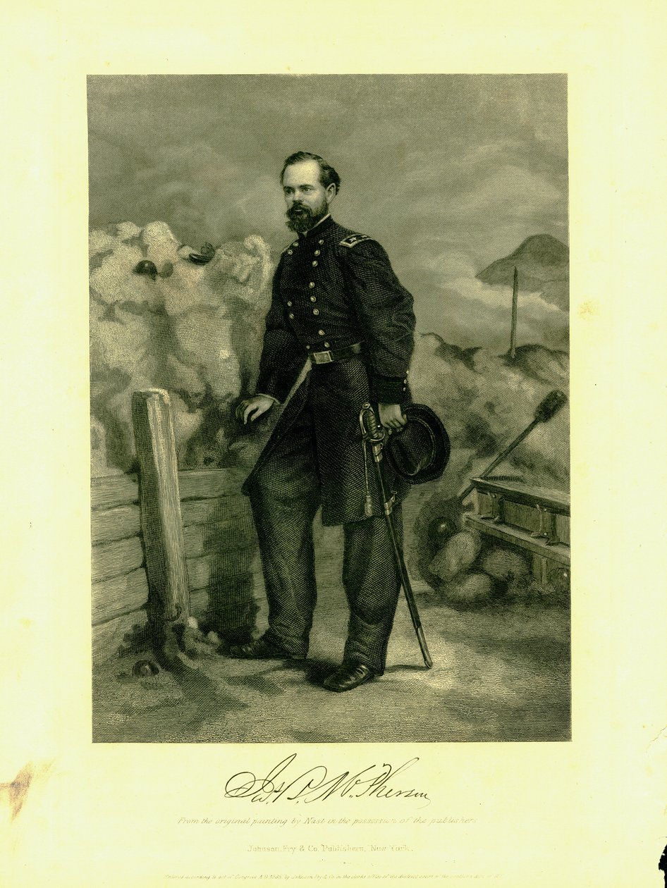 Gravure du général McPherson en uniforme avec une épée - Thomas Nast