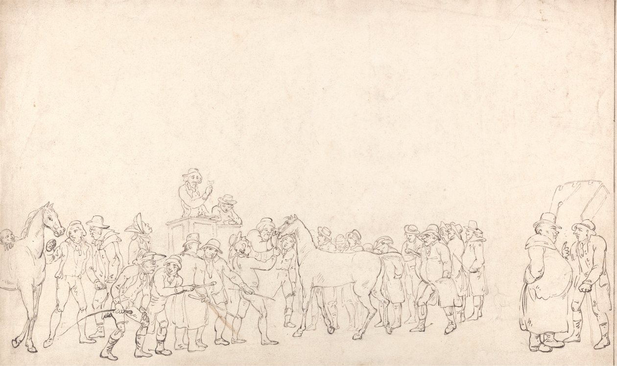 Vente de chevaux au dépôt de Hopkins (un contour) - Thomas Rowlandson