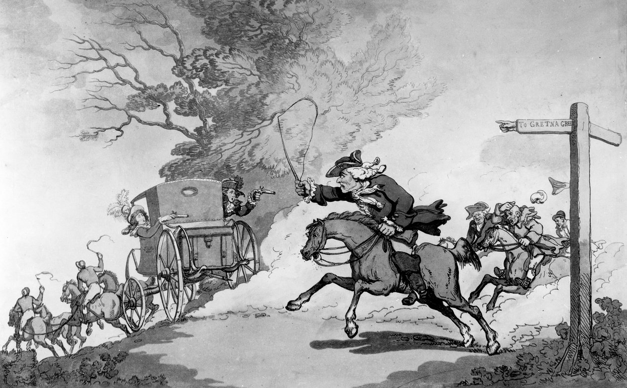 Affection filiale, ou Un voyage à Gretna Green, années 1780 (lithographie) - Thomas Rowlandson