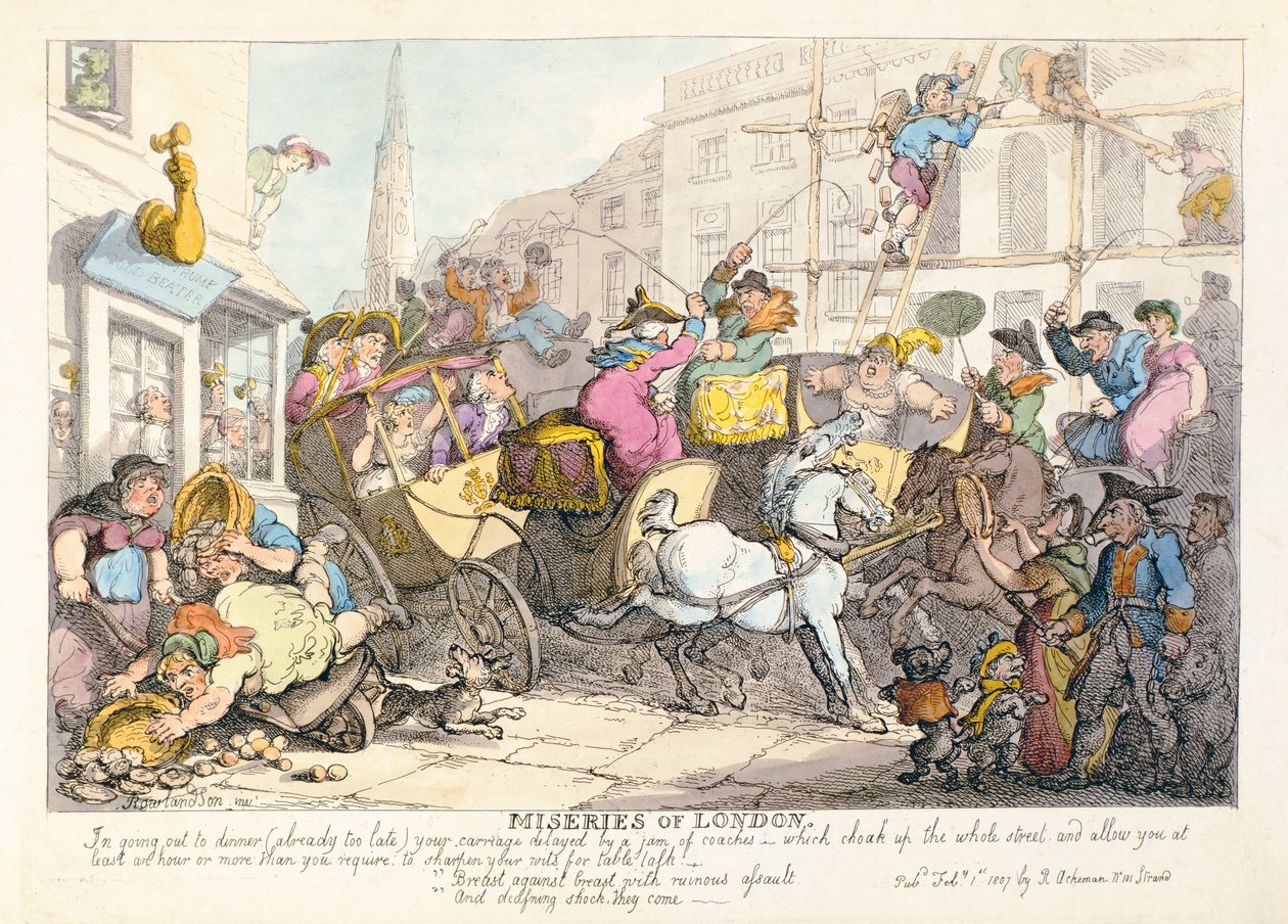 Misères de Londres : Poitrine contre poitrine avec une attaque ruineuse et un choc mortel, publié par Ackermann, 1807 - Thomas Rowlandson