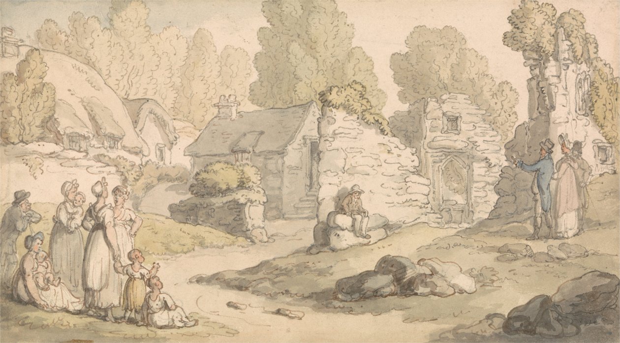 Visiteurs inspectant les ruines de l
