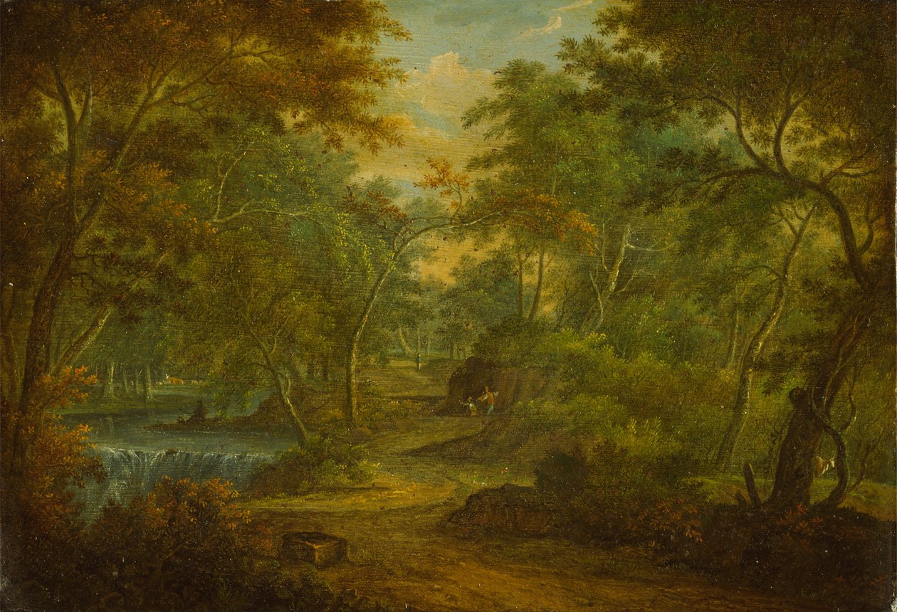 Paysage boisé avec un ruisseau et un pêcheur - Thomas Smith of Derby