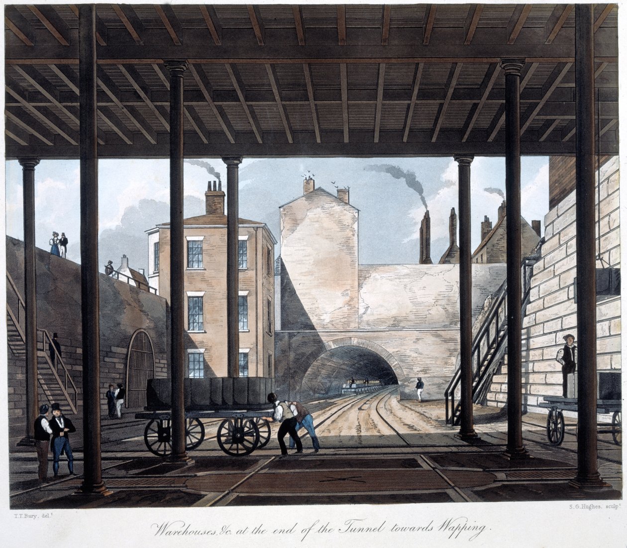 Entrepôts et travaux à la fin du tunnel vers Wapping, gravé par S.G. Hughes, 1831 - Thomas Talbot after Bury
