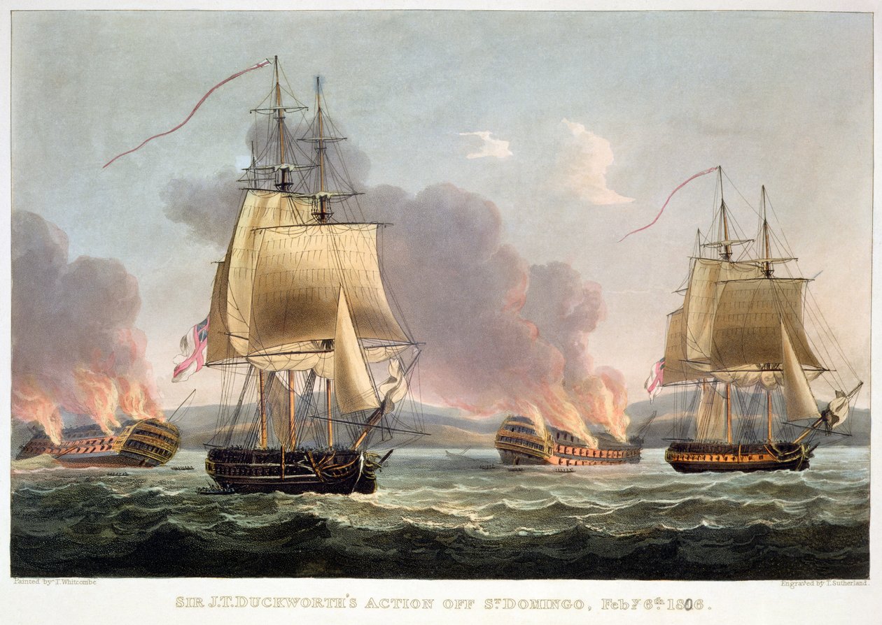 Action de Sir J. T. Duckworth au large de Saint-Domingue, 6 février 1806, gravée par Thomas Sutherland pour 