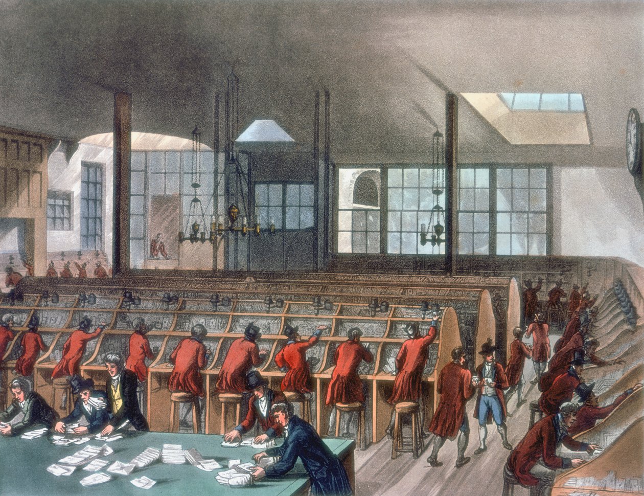 Bureau de poste général, Lombard Street, Londres, 1808 - Thomas Rowlandson