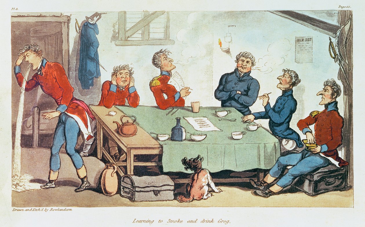 Apprendre à fumer et boire du grog. 1815 - Thomas Rowlandson