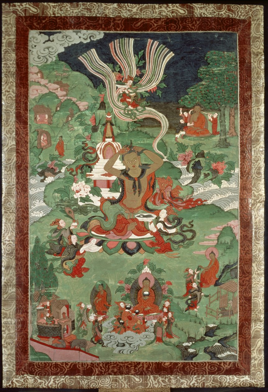 Bouddha coupant une mèche de cheveux, bannière de temple tibétain - Tibetan School