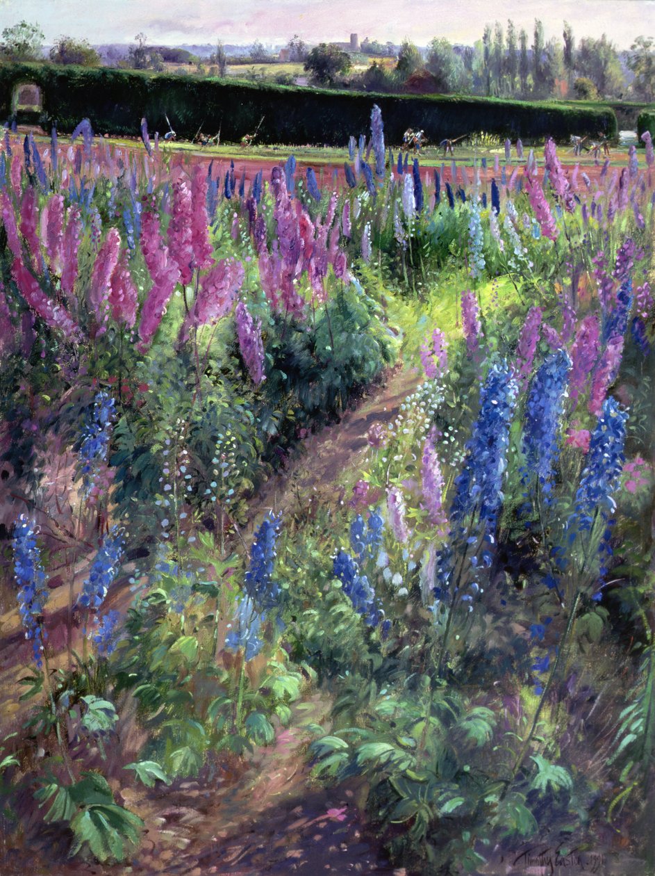Champ de delphiniums et chevaux, 1991 - Timothy Easton