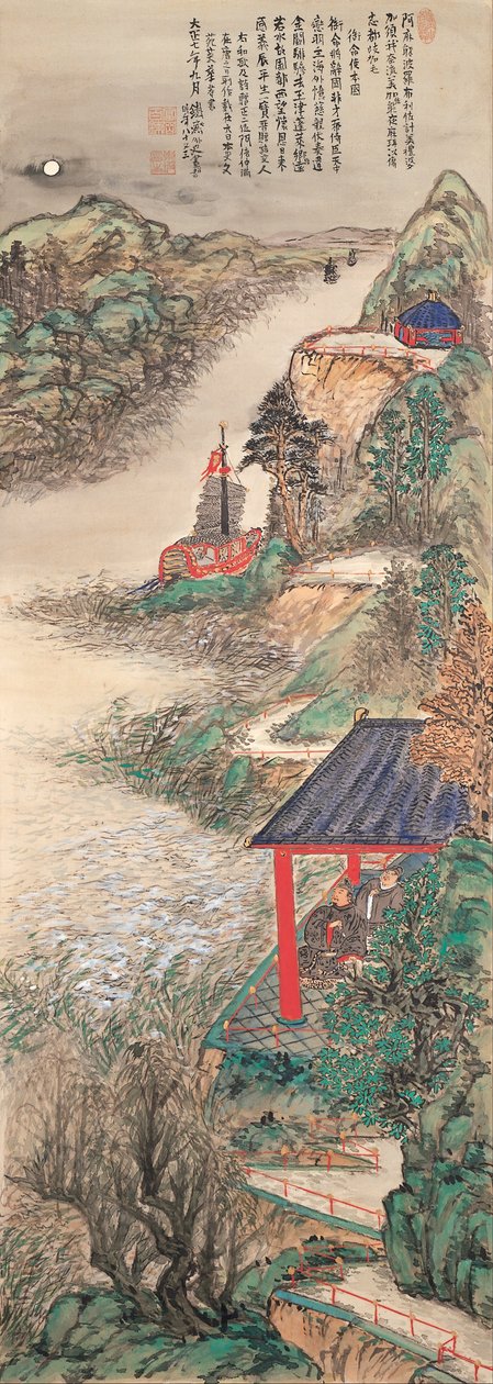 Abe-no-Nakamaro écrivant un poème nostalgique en regardant la lune - Tomioka Tessai