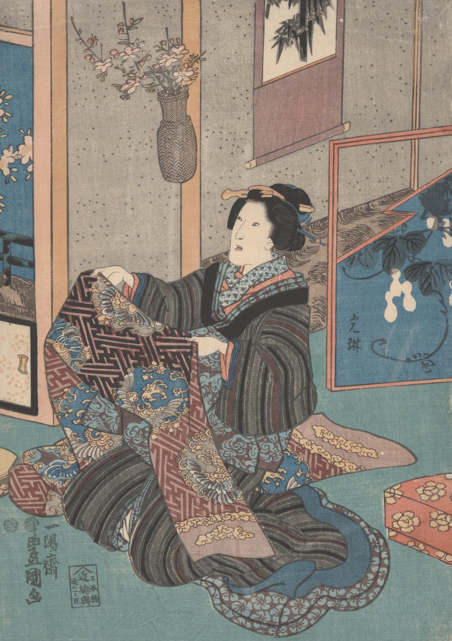 Dame tenant un obi - Utagawa Toyokuni