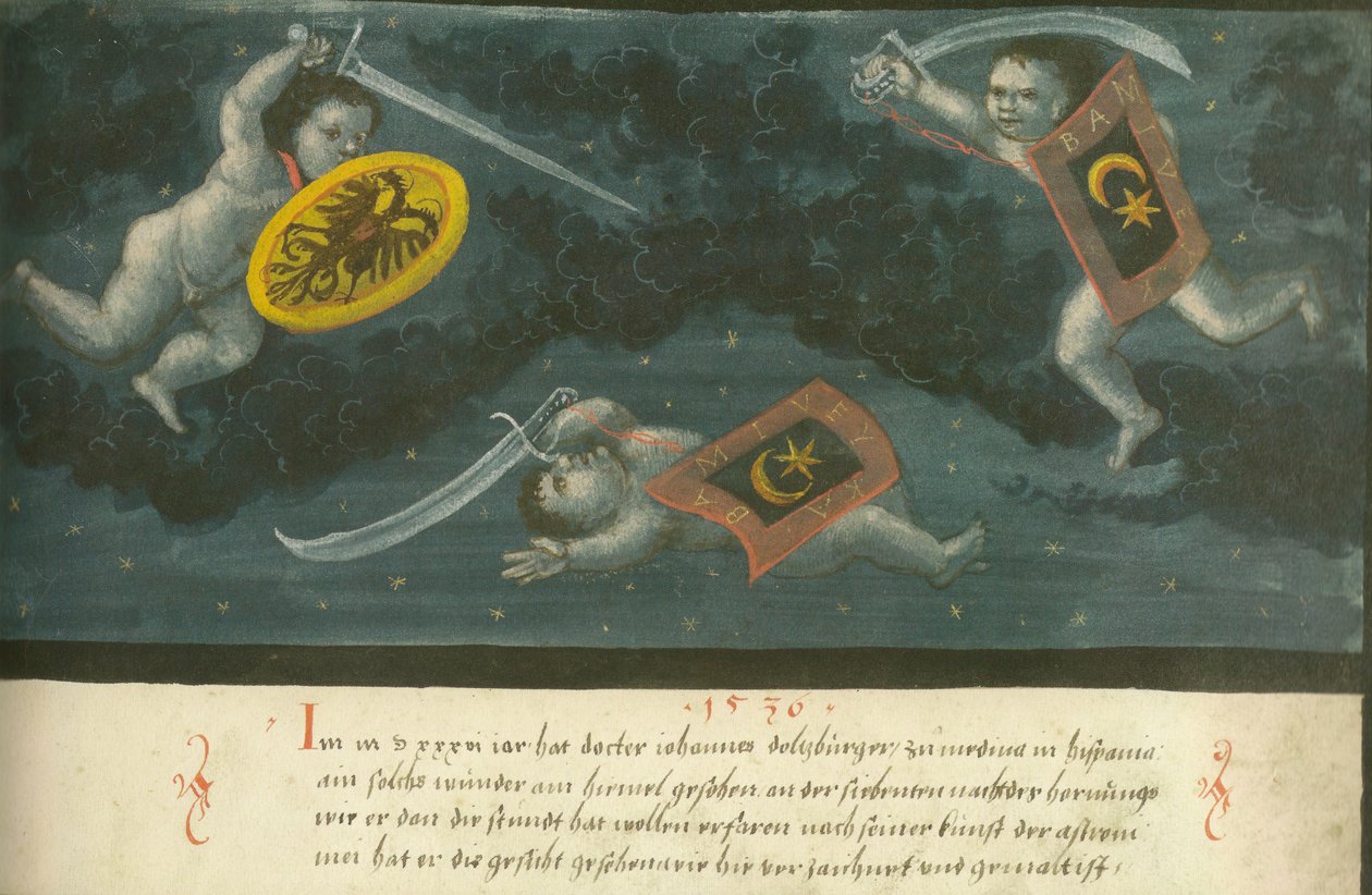 Augsburger Wunderzeichenbuch — Folio 134 Bataille céleste de trois enfants 1536 - Unbekannt Unbekannt
