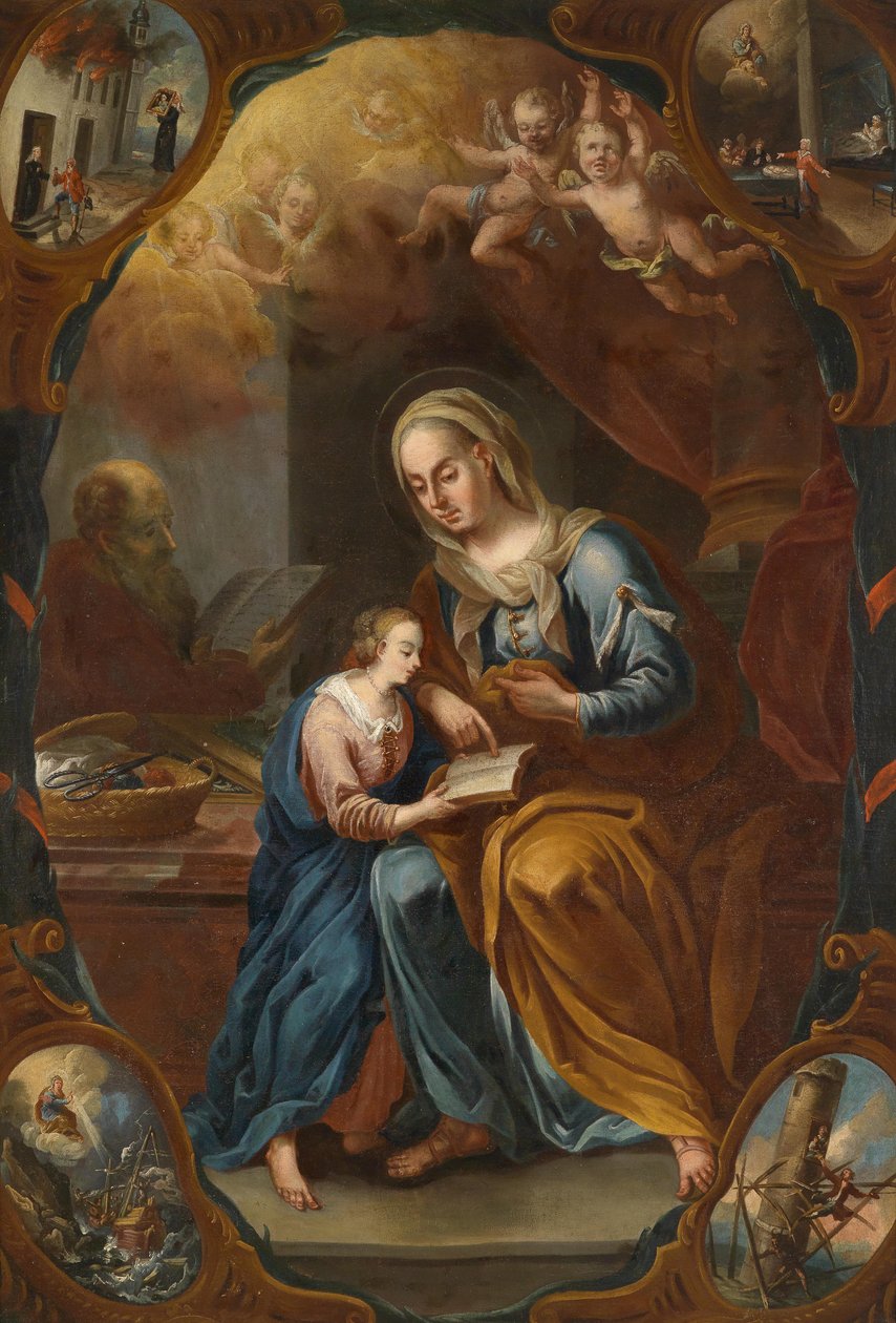 Sainte Anne enseignant la lecture à Marie, avec des représentations de miracles dans les écoinçons - Unbekannt Unbekannt