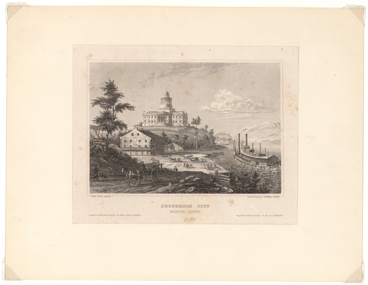 Gravure sur acier horizontale montrant une vue de Jefferson City depuis le Missouri. Le bâtiment du Capitole est sur une colline en arrière-plan. Un bateau à vapeur est sur le Missouri à droite et un cheval tire un chariot au premier plan - Unbekannt Unbekannt