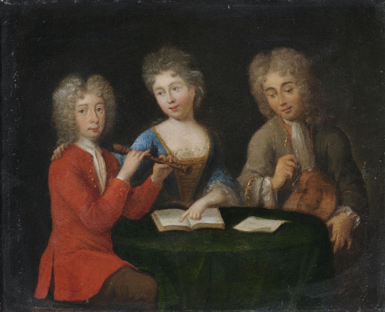 Leçon de musique. Deux hommes et une femme jouent de la flûte et de la vielle à roue. - Unbekannt Unbekannt