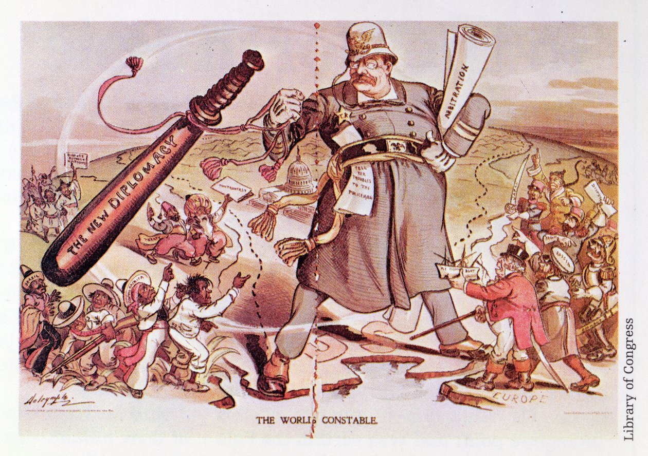 Caricature du président Roosevelt représenté comme un policier géant chevauchant deux continents - Unbekannt Unbekannt