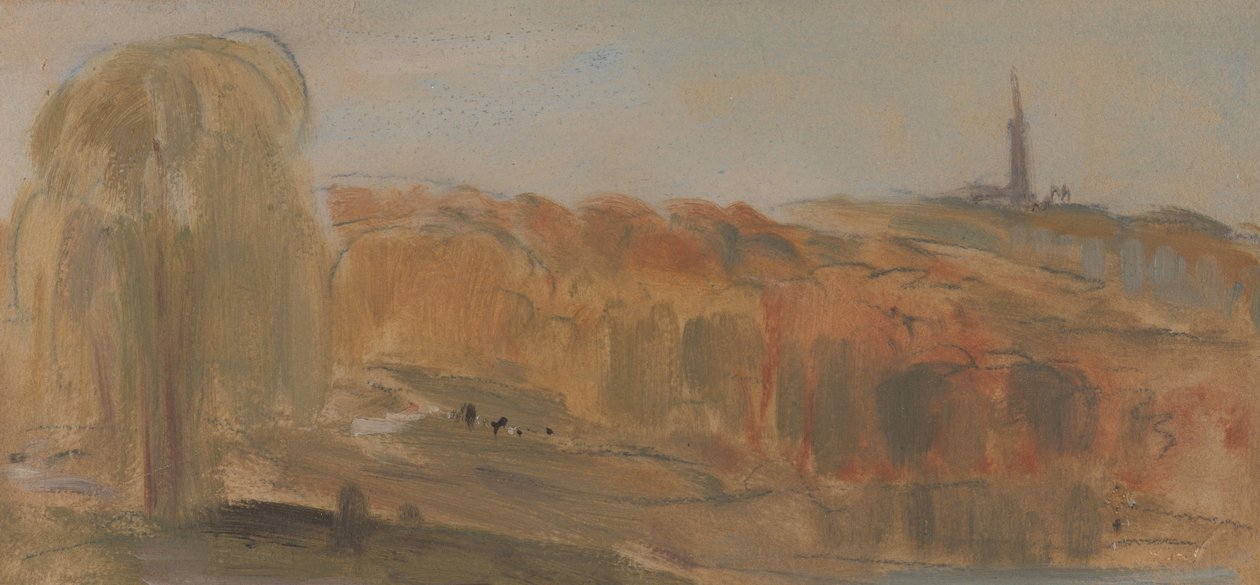 Paysage ensoleillé avec arbres et monument sur une colline - Unbekannt Unbekannt
