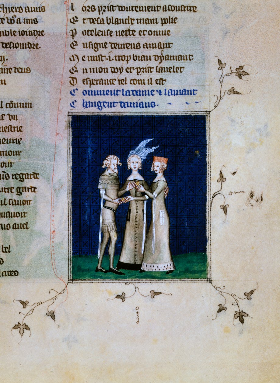 Un chevalier et une dame échangeant des anneaux, vers 1350 - Unbekannt
