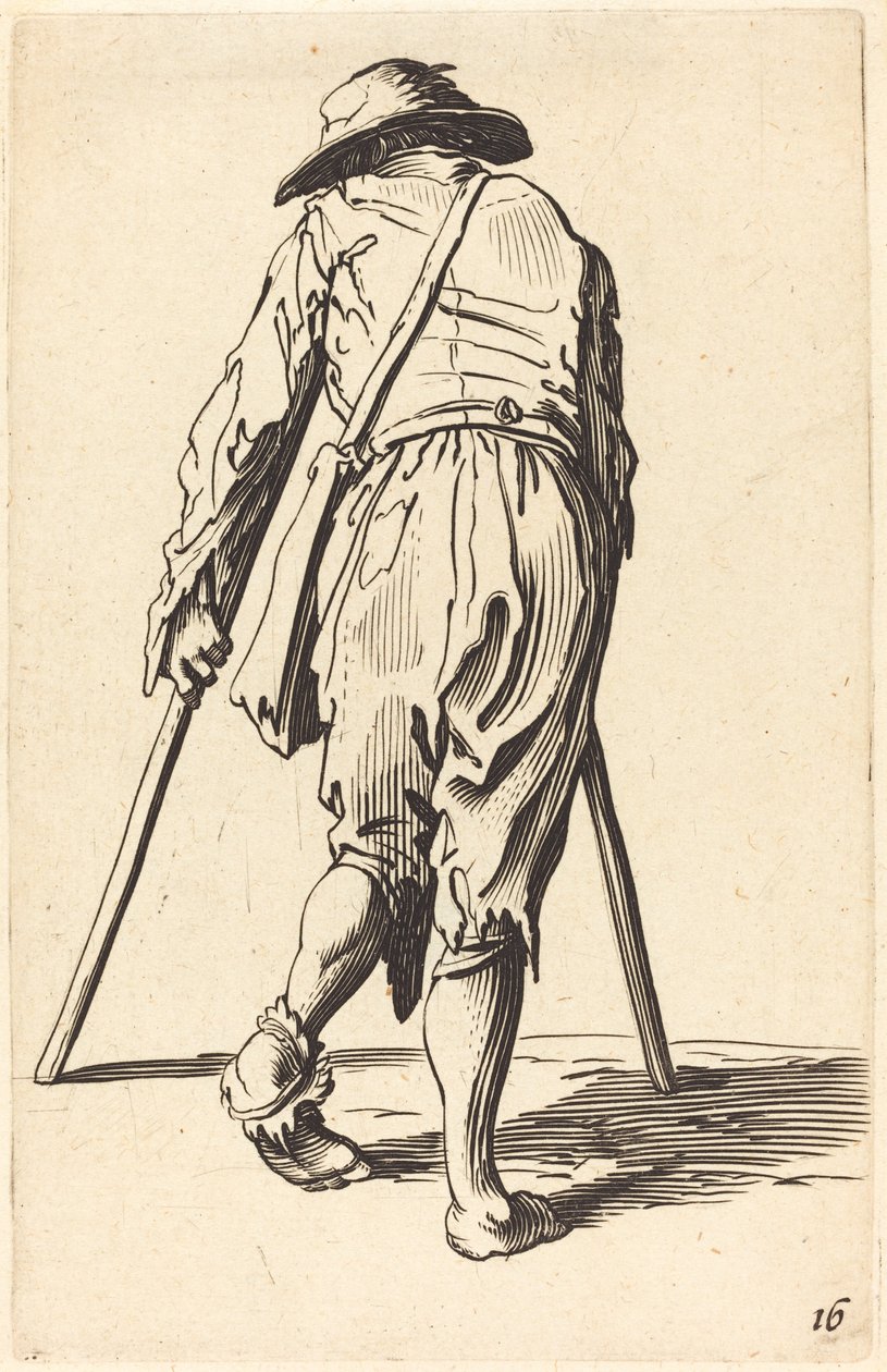 Mendiant avec des béquilles et un chapeau, vue de dos - Unbekannt