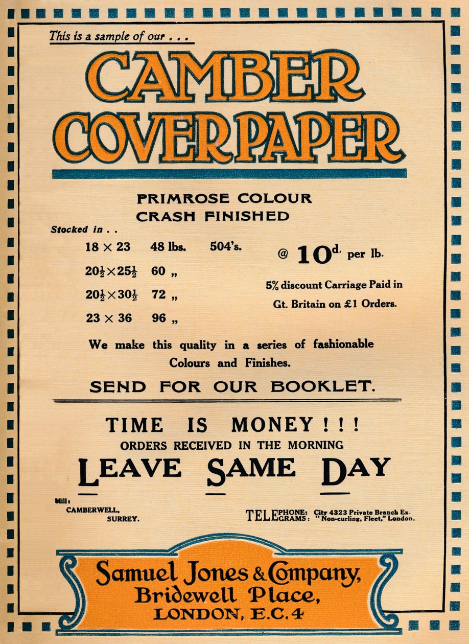 Camber Coverpaper - Publicité de Samuel Jones & Company, 1919 - Unbekannt