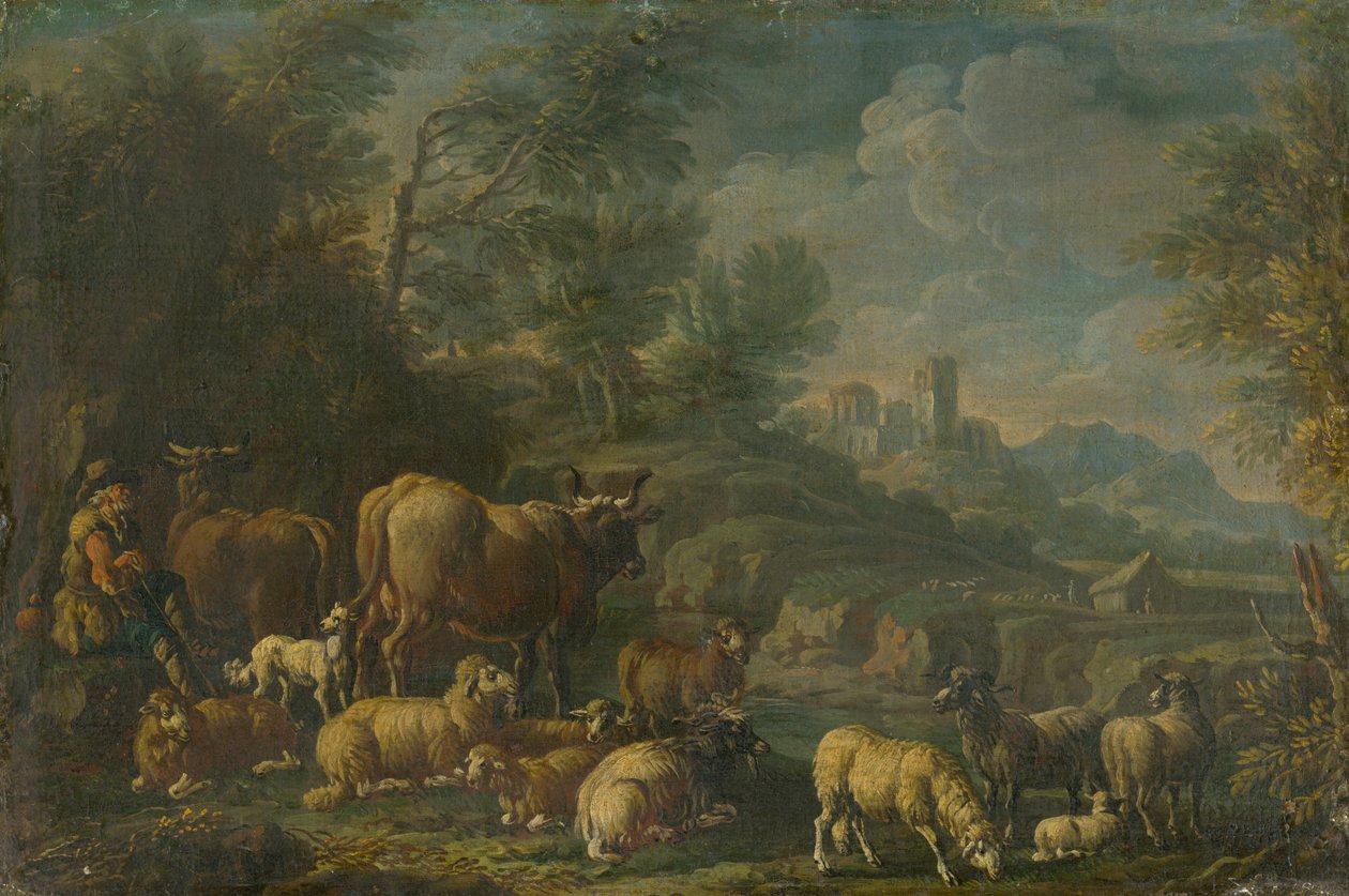 Berger avec son troupeau dans un paysage romantique - Unbekannt