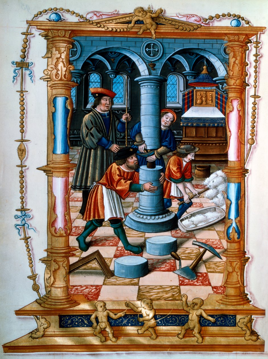 Maçons construisant un pilier dans une église, vers 1525 - Unbekannt