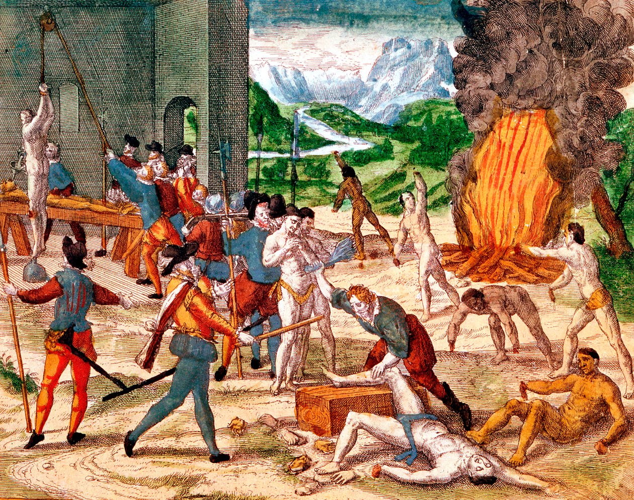 Conquistadors espagnols torturant des Indiens d