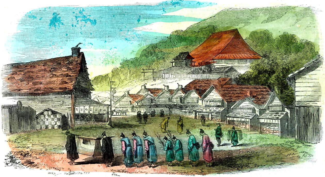 Rue à Hakodate, et procession funéraire, Japon, 1856 - Unbekannt